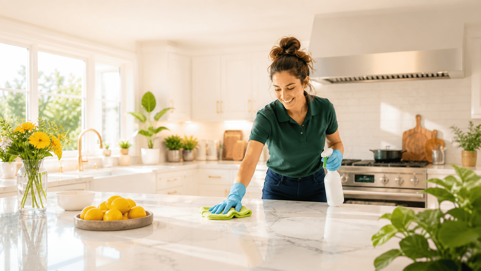 HomeBloom cleaning professional working in a bright kitchen
