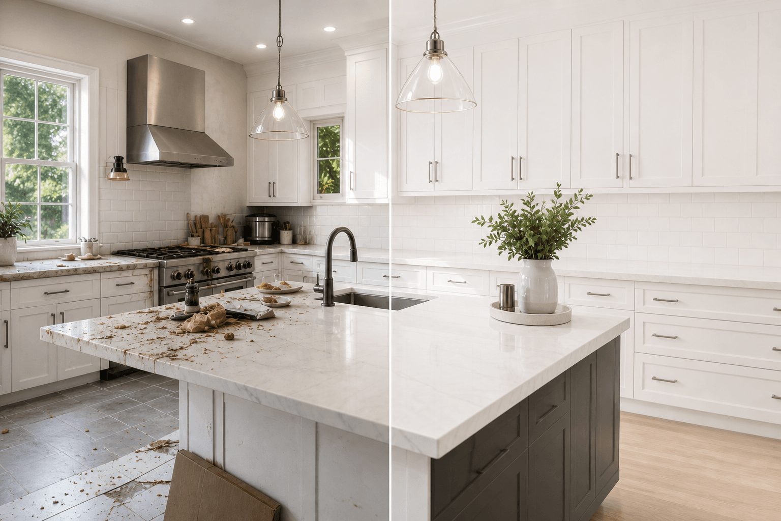The same white kitchen before and after a detailed HomeBloom clean